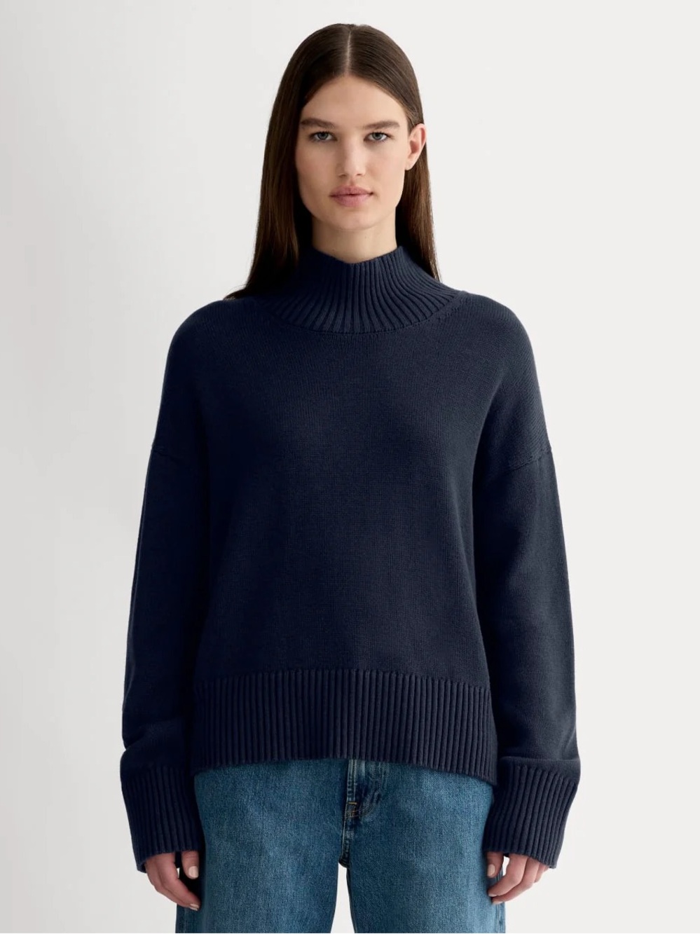 Everlane The Boxy Turtleneck in Everyday Cotton Navy Mock Neck Sweater XS